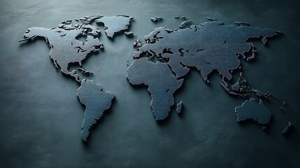 Embossed World Map In Dark Metallic Grey