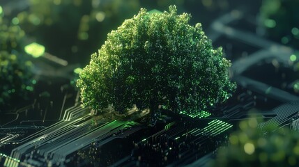 Seamlessly blending nature and technology, a glowing futuristic tree with circuit-like roots and a vibrant digital aesthetic stands in a forest