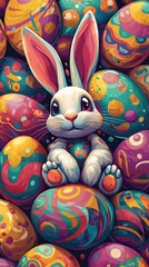 Colorful Stylized Easter Bunny Surrounded by Oversized Eggs with Bold Dynamic Shapes
