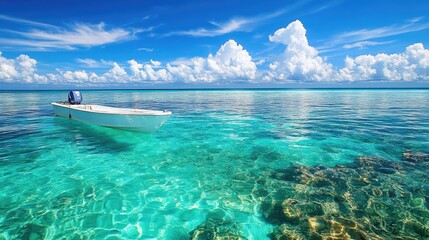 Wooden boat floating on crystal-clear turquoise water near a tropical island with lush greenery. Peaceful seascape under a bright blue sky, perfect for travel and relaxation. Generative AI