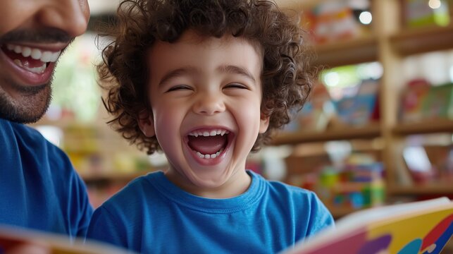 Joyful moments of a child sharing laughter with an adult while reading a colorful book in a bright and cheerful setting with vibrant toys in the background