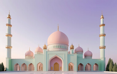 A minimalist 3D-rendered scene of a mosque with smooth, pastel-colored surfaces. The mosque features elegant domes and a tall minaret, set against a soft gradient sky blending warm and cool pastel 