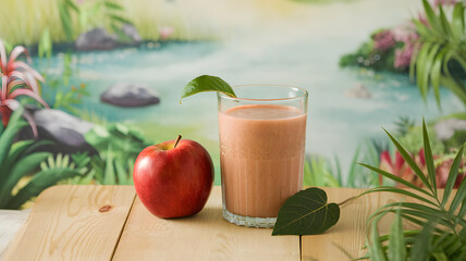 Fototapeta premium A close-up of a glass of red apple smoothie with a fresh red apple on a table, surrounded by a soft, vibrant nature background, ideal for healthy food and lifestyle concepts. 