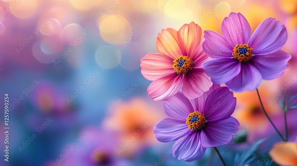 Poster a beautiful field of colorful cosmos flowers in a meadow bask in the warm summer sunlight, creating 
