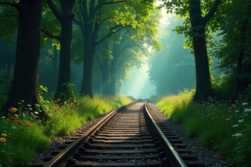 Obraz premium Serene Railway Through Sun-Dappled Forest, Lush Greenery and Vibrant Wildflowers Line the Tracks, a Path Leading to a Mystical Horizon