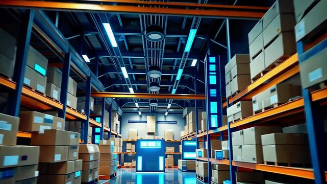 Modern warehouse interior with organized shelves of boxes, bright lighting, and a loading area visible