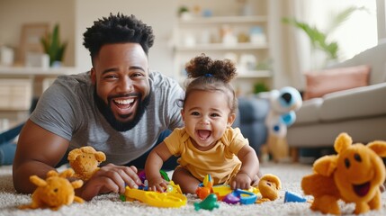 Joyful father and baby playing together on the floor with colorful toys in a bright and cozy living room filled with warmth and happiness
