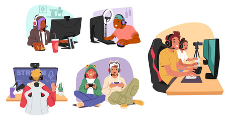 Teenage streamer teenage cartoon characters playing video games making content for vlog set © Anna Syvak