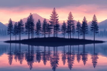 Fototapeta premium A minimalist landscape illustration with trees at the water's edge, depicted in black, white, orange, and purple hues