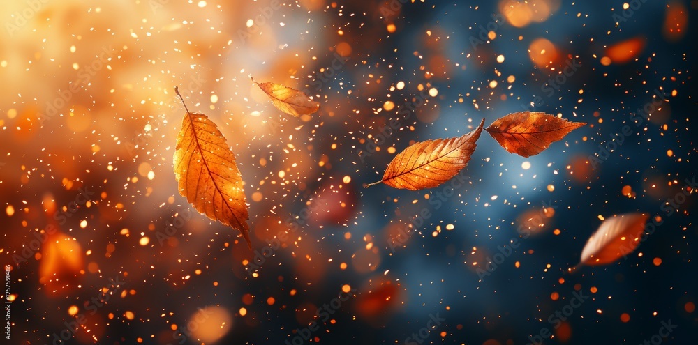 Poster a fall-themed abstract nature scene featuring soft blurring, multiple bokeh elements, a centrally pl