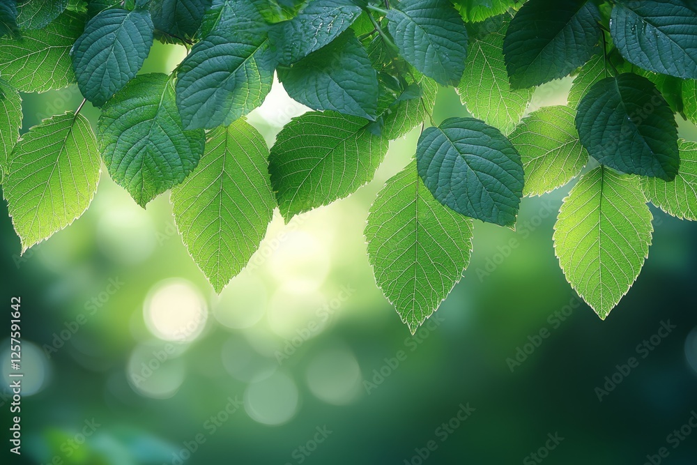 Poster bokeh effect with blurred green tree leaves as the background