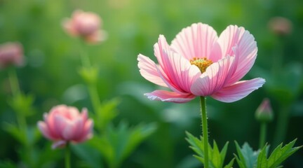 Obraz premium A Delicate Pink Bloom Basking in the Soft Sunlight, Surrounded by a Lush Green Field of Similar Flowers, Creating a Serene and Peaceful Natural Scene