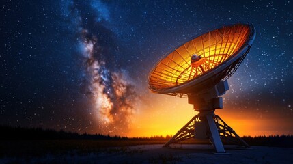 Mesmerizing Sunset Over a Satellite Dish Under a Stellar Milky Way Sky with Twinkling Stars and a Gentle Glow from the Horizon