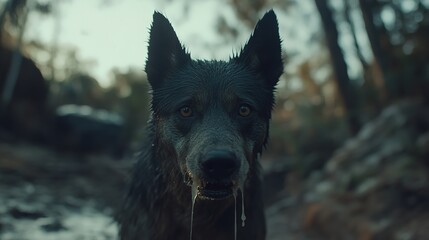 Naklejka premium Aggressive rabid dog snarling with frothy saliva, intense eyes, and raised fur, isolated on a blurred background. Concept of danger, wild animal behavior, and rabies awareness