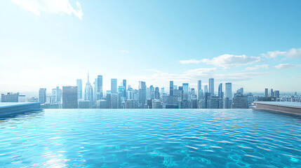 Fototapeta premium A serene infinity pool reflects a bright blue sky, overlooking a modern city skyline, creating a tranquil urban escape.
