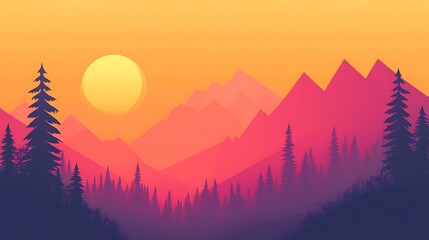 Sunset Mountain Landscape Silhouette Featuring Pine Trees