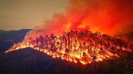 Fototapeta premium Dramatic Wildfire Erupting in Eucalyptus Forest with Bright Flames and Smoky Skies at Dusk Capturing Nature's Ferocity