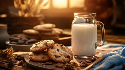 A beautifully arranged plate of freshly baked cookies beside a glass of cold milk, inviting and warm, perfect for a cozy afternoon snack or dessert setting.