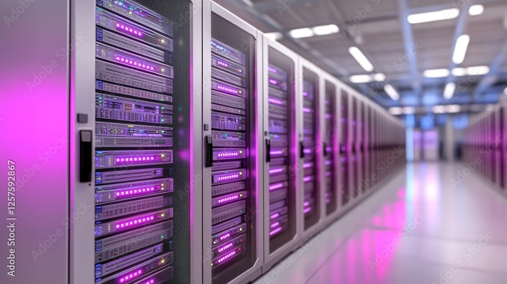 Poster a view of a data center showcasing multiple rows of active server racks
