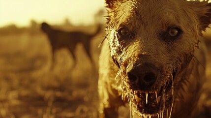 Aggressive rabid dog snarling with frothy saliva, intense eyes, and raised fur, isolated on a blurred background. Concept of danger, wild animal behavior, and rabies awareness