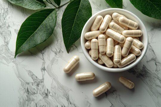 A close-up of immune-enhancing supplements alongside green tea leaves, highlighting a natural health approach