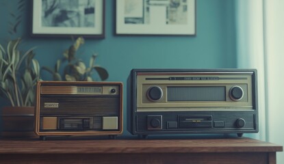 Fototapeta premium Vintage Radios on Wooden Table