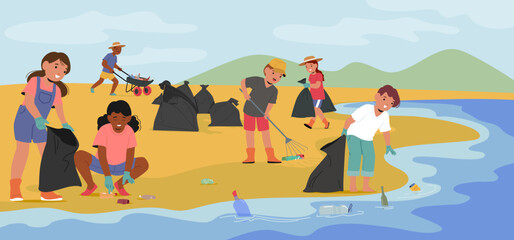 Little school kids cartoon characters cleaning beach from garbage preventing seacoast pollution