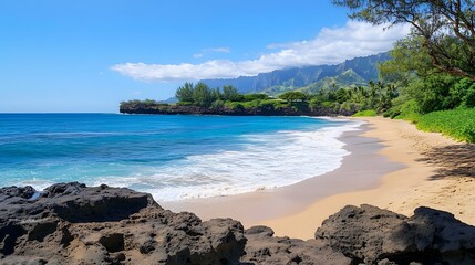 Stunning Tropical Beach Scene Turquoise Ocean Sandy Shore Lush Green Cliffs and Palm Trees