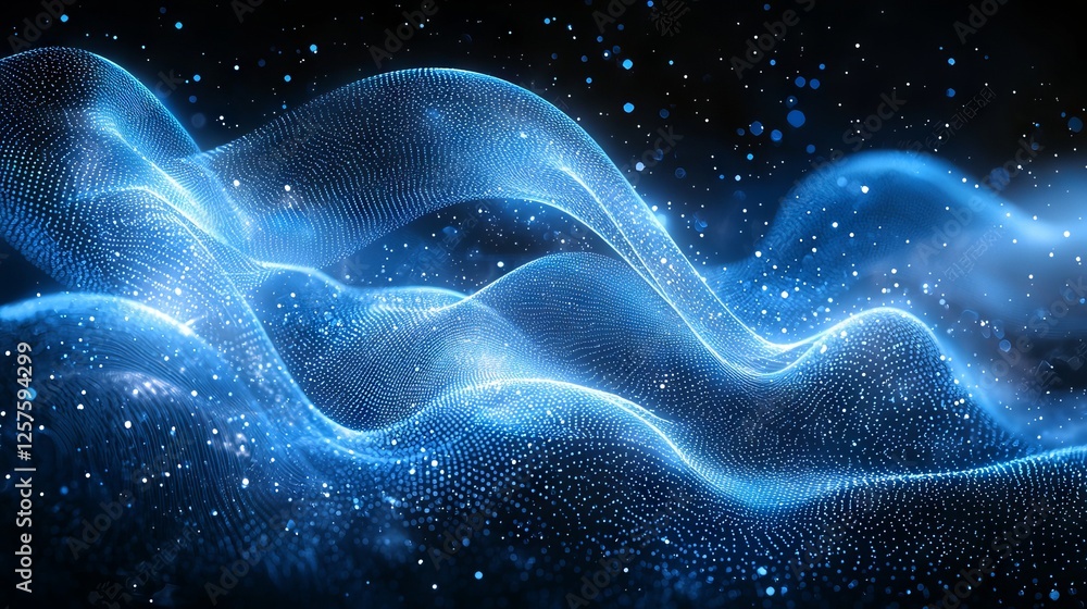Poster a dark blue background featuring bright wave patterns, suitable for contemporary and tech-oriented d