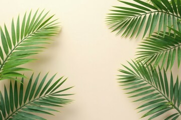 Fototapeta premium Serene Tropical Fronds Frame a Soft Beige Background, Ideal for Summer Designs and Relaxation Themed Projects
