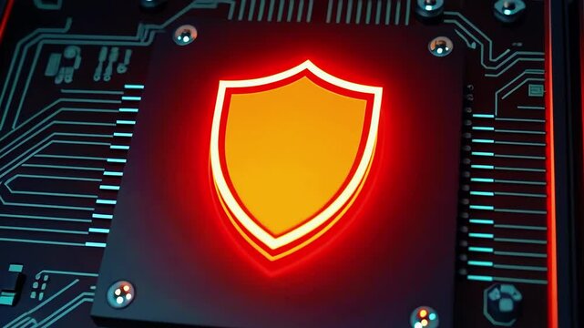 Close-up of a glowing shield symbol on a circuit board, indicating cybersecurity protection in technology