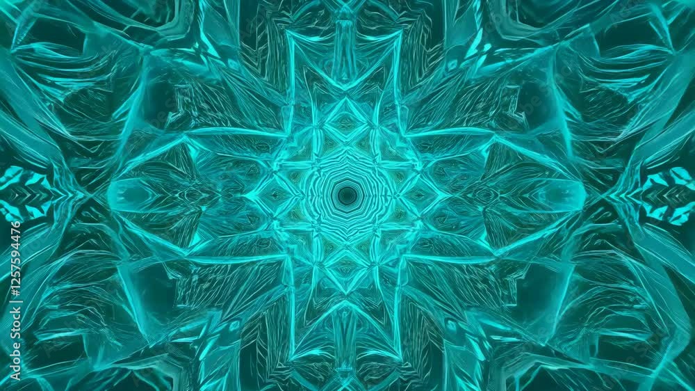 Poster ethereal dynamic digital display with cyan fractal patterns in an emerald aqua background loop