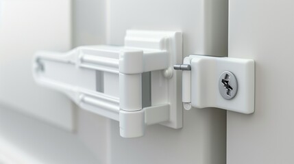 A childproof cabinet lock with an easy-to-use safety latch, isolated on white. The strong adhesive and secure mechanism prevent accidental openings.