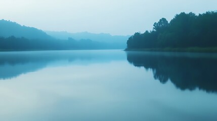 Fototapeta premium Serene Misty Lake Landscape with Distant Hills