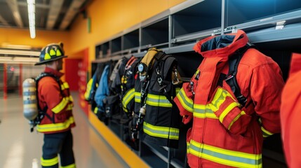 Firefighters Gear and Equipment in Fire Station, Showing Colorful Suits, Firefighter Preparing for Emergency Response Action in Modern Facility