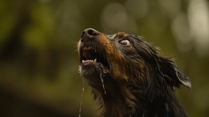 Fototapeta premium Aggressive rabid dog snarling with frothy saliva, intense eyes, and raised fur, isolated on a blurred background. Concept of danger, wild animal behavior, and rabies awareness