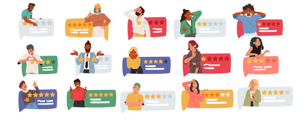 Diverse people customer cartoon characters giving feedback leaving quality rating stars and comment