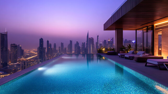 A stunning rooftop infinity pool overlooks a vibrant Dubai skyline at dusk, illuminated by city lights against a backdrop of a colorful sunset.