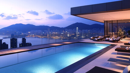 Naklejka premium A luxurious infinity pool overlooks a vibrant city skyline at dusk, offering a stunning view of mountains and city lights.