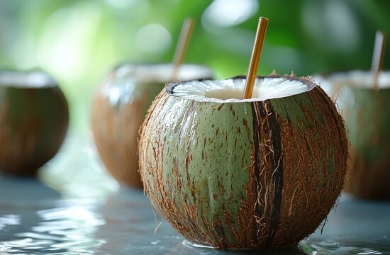 A green coconut drop of water isolated on a white background with a clipping pathA single drop of water from a green coconut on a white background, with a clipping pathA close-up of a green coconut