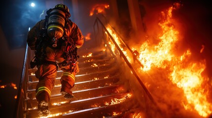 Firefighter Ascending Stairs Amidst Intense Flames and Smoke During Firefighting Operation in Urban Environment