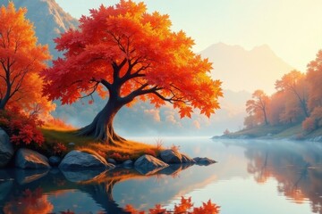 Serene Autumnal Vista A Majestic Crimson Tree by a Still Lake at Sunrise, Mirrored in the Tranquil Waters