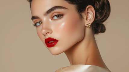 Fototapeta premium Elegant woman with natural beauty, defined brows, and glossy lips.