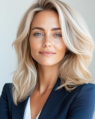 Naklejka premium Confident blonde businesswoman in a navy suit, looking directly at the camera with a poised expression.