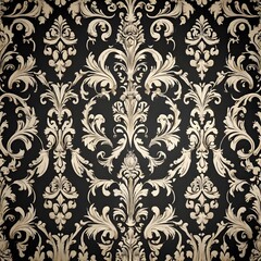 White wallpaper vintage flock with black damask design on a black background retro vintage style