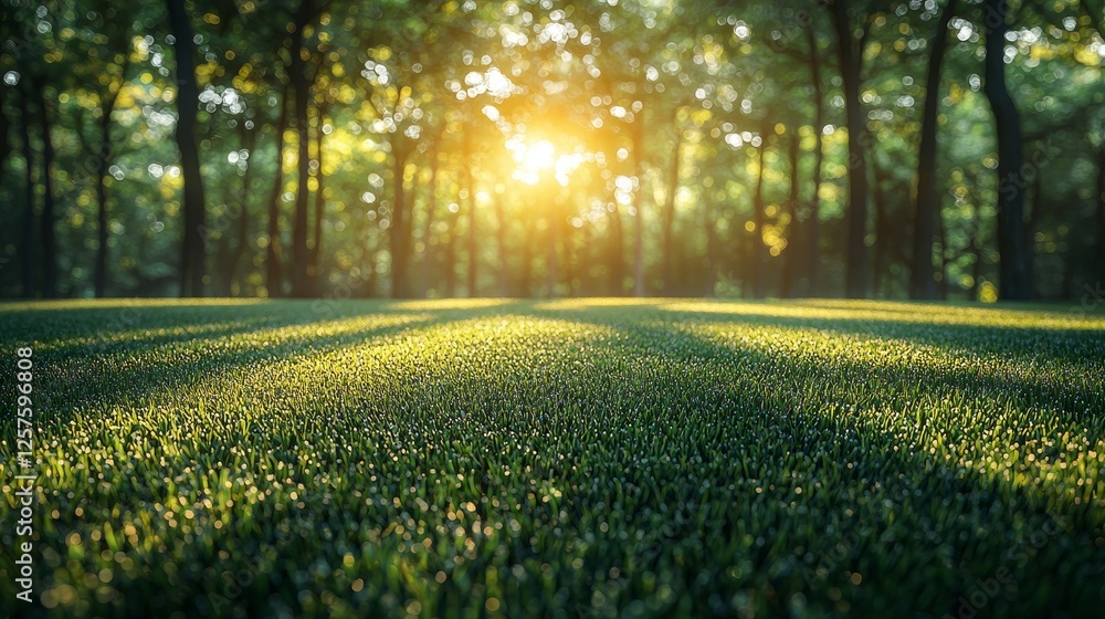 Poster a softly blurred background of spring nature displays a precisely trimmed lawn flanked by trees and 