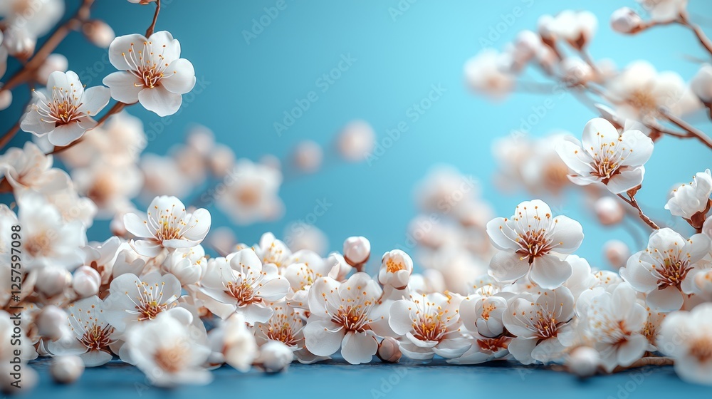 Poster spring border background with white blossom in an open space