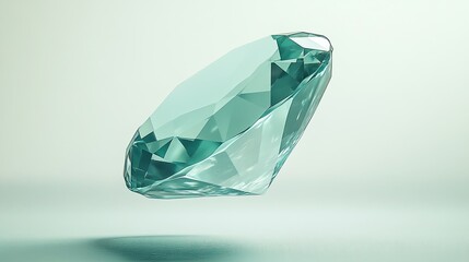 A teal shiny gemstone hovers in the air against a white background, reflecting light and color with a clean, futuristic aesthetic and a feeling of elegance.