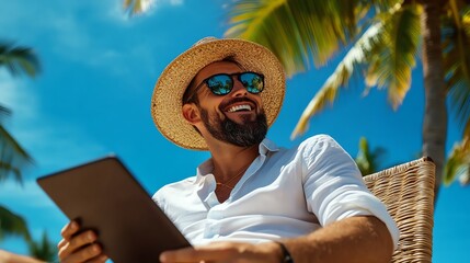 Fototapeta premium A cheerful man wearing sunglasses and a straw hat relaxes on a beach chair, enjoying his tablet under palm trees on a sunny day, embodying the essence of leisure and enjoyment.