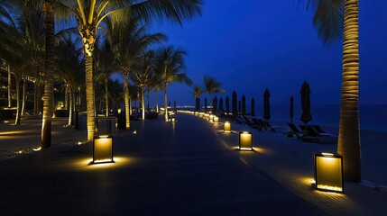 Nighttime beach resort pathway, palm trees, ocean view